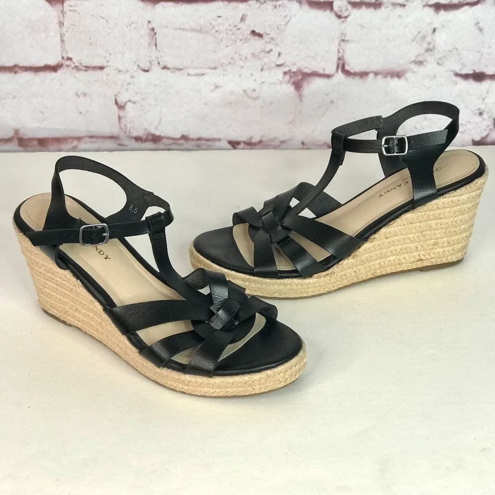 ROCK & CANDY  Fola Espadrille Jute Wrapped Wedge Sandals 8.5 Black faux leather